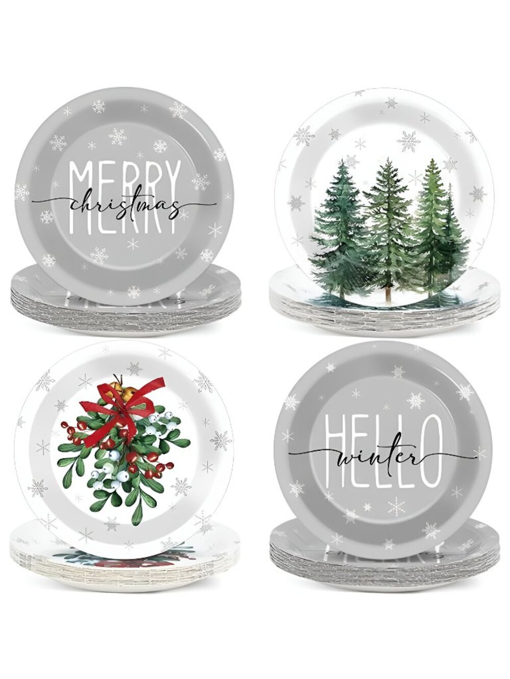 48Pcs Grey Christmas Party Paper Plates Christmas Pine Trees Party Decorations